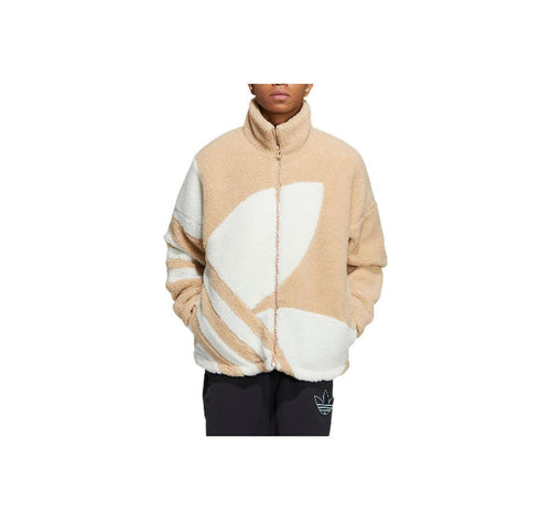 Adidas sherpa track jacket in tan and white, full-zip fleece, stand collar