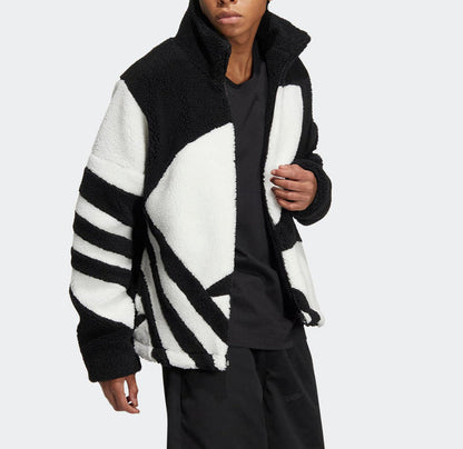 Adidas sherpa track jacket, black with white sleeves stripes and zip front