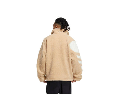 Adidas sherpa track jacket, tan with white stripe panels, full-zip fleece back