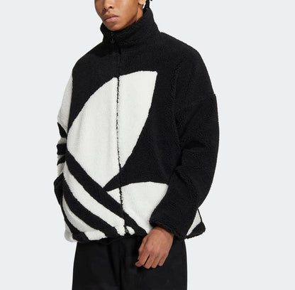 Sherpa track jacket with black hood, white front panel, and zip closure