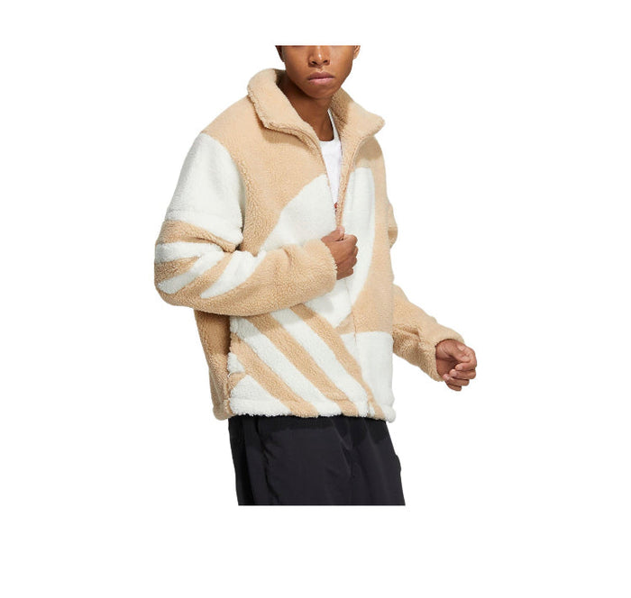 Adidas sherpa track jacket, tan and white fleece, full-zip with striped panels