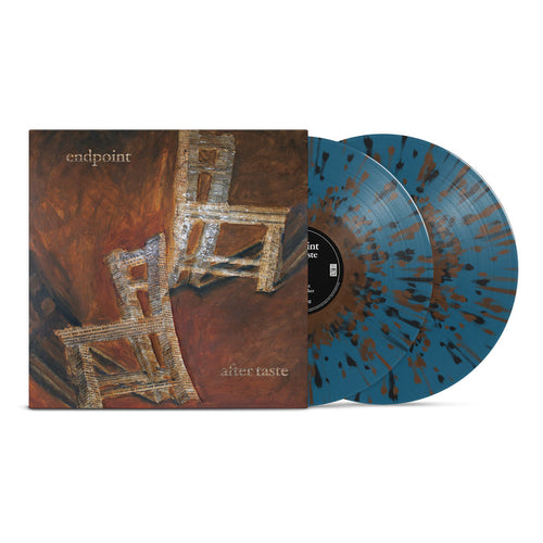 The image displays Endpoint's album "After Taste" with abstract wooden chairs on the cover and two Mistral Blue LPs with brown splatters, partially outside the sleeve.