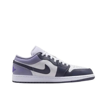 Low-top sneakers with white leather, dark navy side panels, and purple wing detail