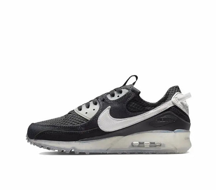 Nike Air Max 90 sneaker, dark black with white swoosh and clear Air heel unit