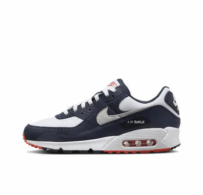 Nike Air Max 90 sneaker in navy with grey and white panels, red Air unit, lace-up