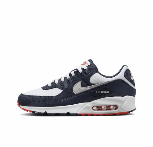 Nike Air Max 90 sneaker in navy with grey and white panels, red Air unit, lace-up