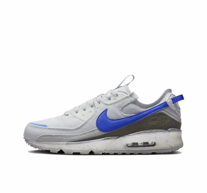 Nike Air Max 90 sneaker, white/gray with blue swoosh and Max Air sole