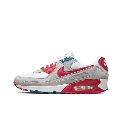 Air Max 90 sneakers, white with red swoosh, gray panels, blue/red outsole