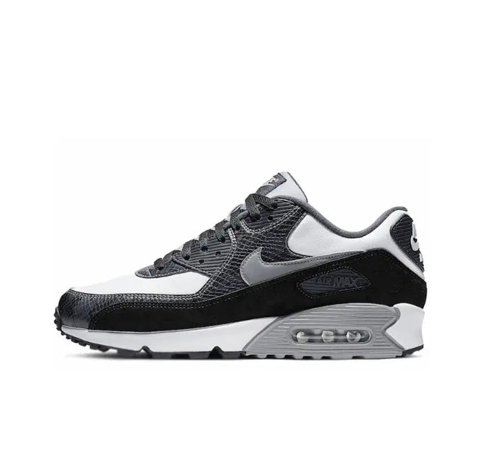 Nike Air Max 90 running shoe, white and black with gray panels and air-cushion sole