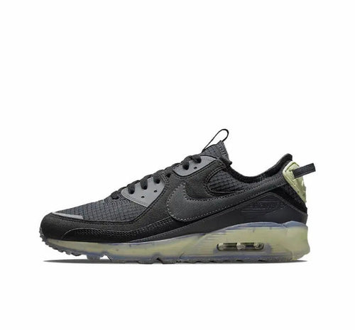 Nike Air Max 90 sneaker, dark grey/black with neon lime accents and Air sole
