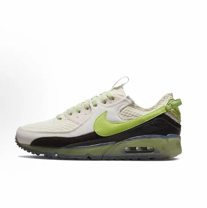 Air Max 90 running sneaker, cream mesh upper with neon green swoosh and dark heel