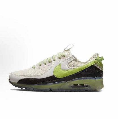 Air Max 90 running sneaker, cream mesh upper with neon green swoosh and dark heel