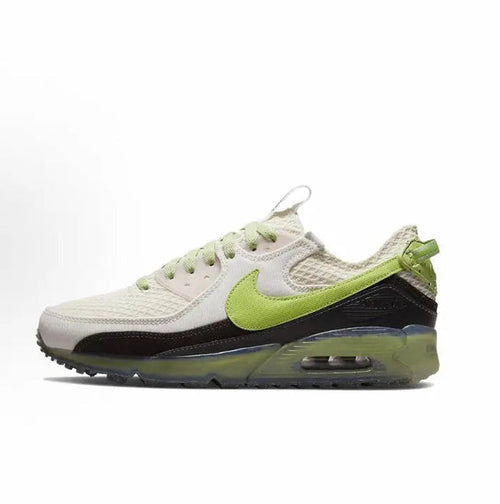 Air Max 90 running sneaker, cream mesh upper with neon green swoosh and dark heel