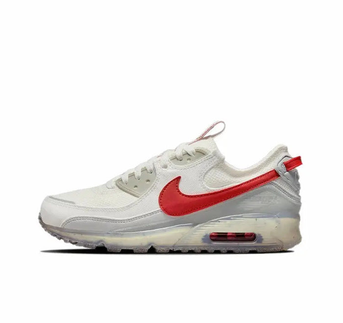 Nike Air Max 90 low-top sneaker in white with red Swoosh and Air window
