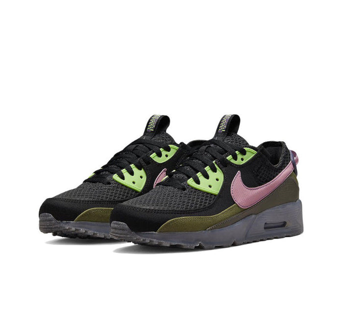 Air Max 90 low-top sneakers, black with neon green laces and pink swoosh