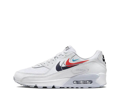 Nike Air Max 90 sneakers, white upper with navy Swoosh and Air cushioning sole