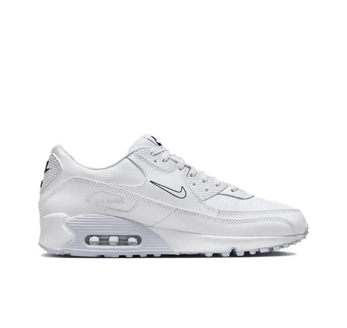 Nike Air Max 90 sneakers, white upper with dark Swoosh and gray Air unit