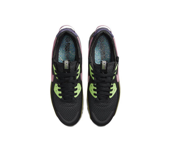 Air Max 90 sneakers, front view: black mesh with neon green lace panels