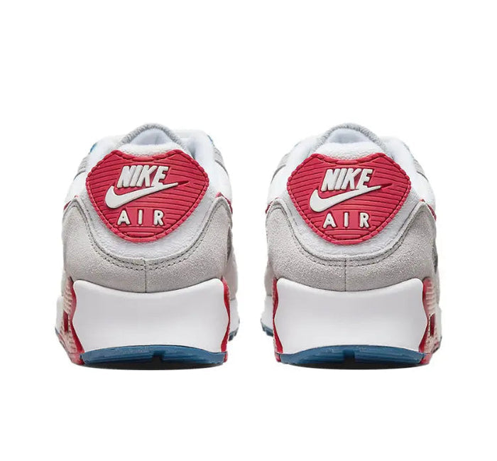 Air Max 90 sneakers, white heel with red NIKE AIR emblem and gray upper