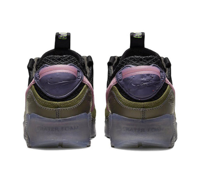 Air Max 90 sneakers, heel view: olive back panel with purple collar lining