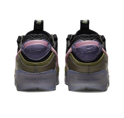 Air Max 90 sneakers, heel view: olive back panel with purple collar lining