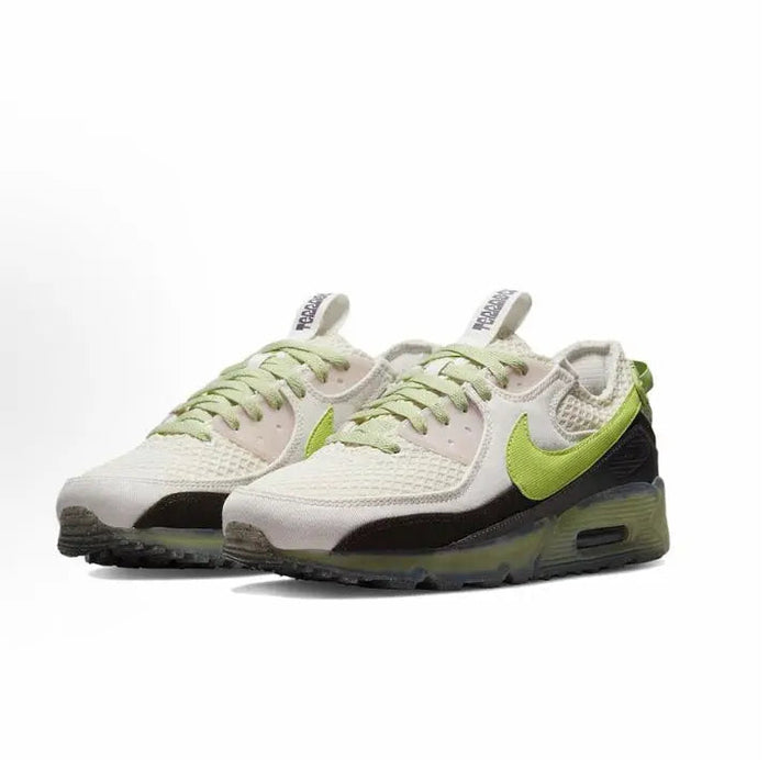 Air Max 90 running shoe, cream knit upper with neon green swoosh and black heel