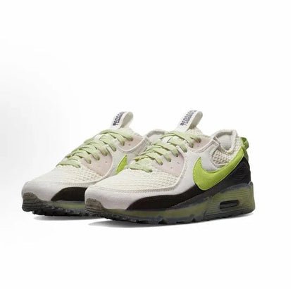 Air Max 90 running shoe, cream knit upper with neon green swoosh and black heel