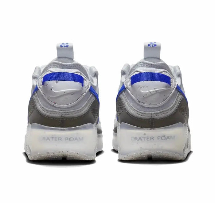 Nike Air Max 90 heel view, white/gray with blue strap and Crater Foam logo