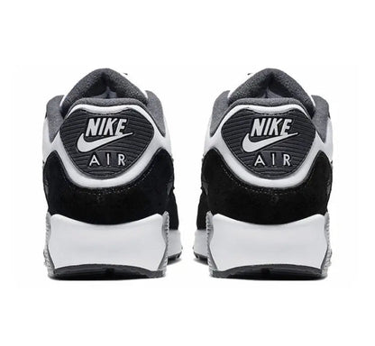 Air Max 90 heel pair, black and white with Nike Air logo on gray suede collar