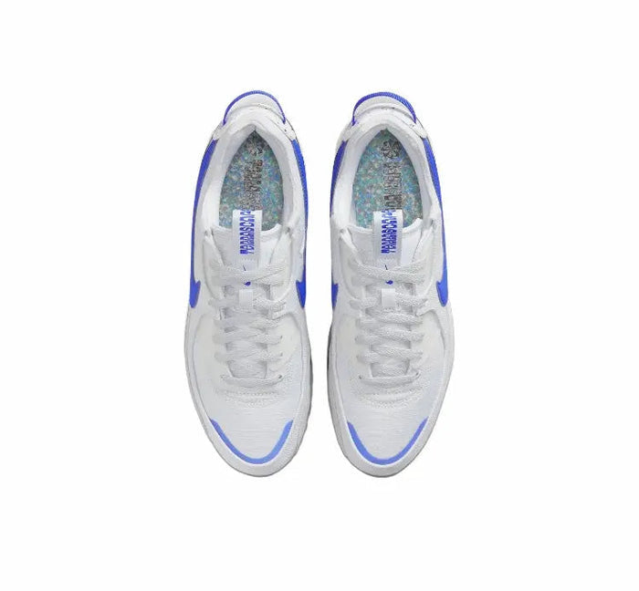Nike Air Max 90 pair from front, white upper with blue trim and lace eyelets