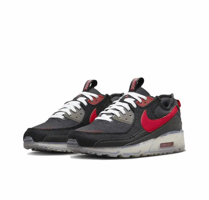 Nike Air Max 90 sneakers, front 3/4; black uppers with red swoosh and white laces