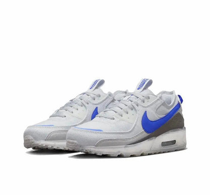 Nike Air Max 90 low-top sneaker, white/gray with blue swoosh and Air unit