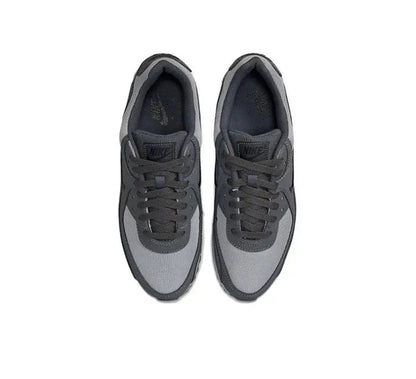 Air Max 90 sneakers pair, dark gray laces and uppers with light gray toe panels