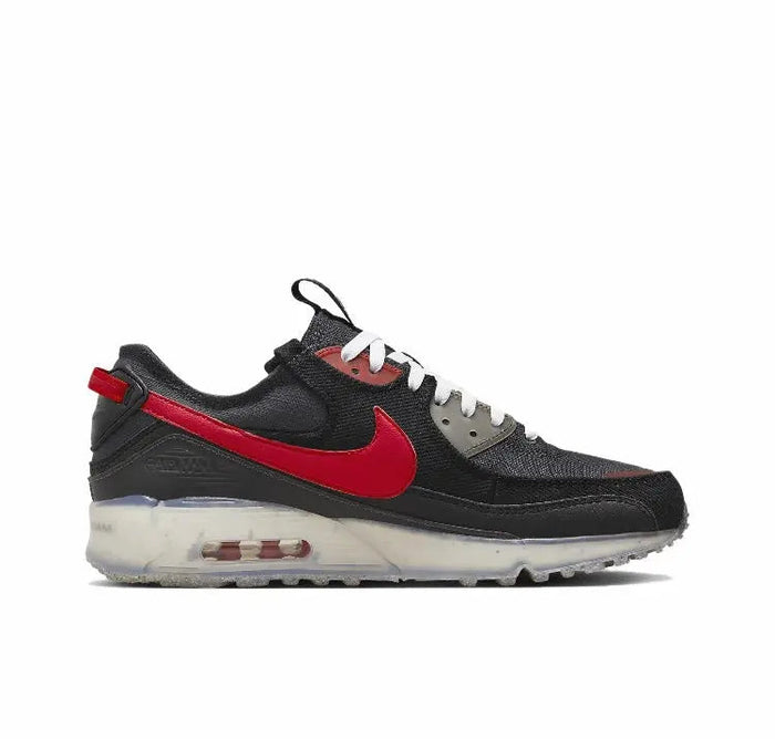 Nike Air Max 90 sneakers, side view; black with red swoosh and air sole