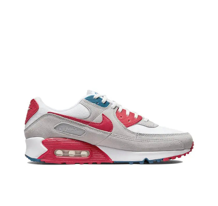 Air Max 90 sneakers, white leather with red swoosh and blue/red Air heel unit