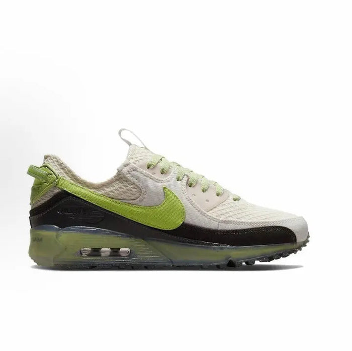 Air Max 90 sneaker, cream side panel with neon green swoosh and visible air unit