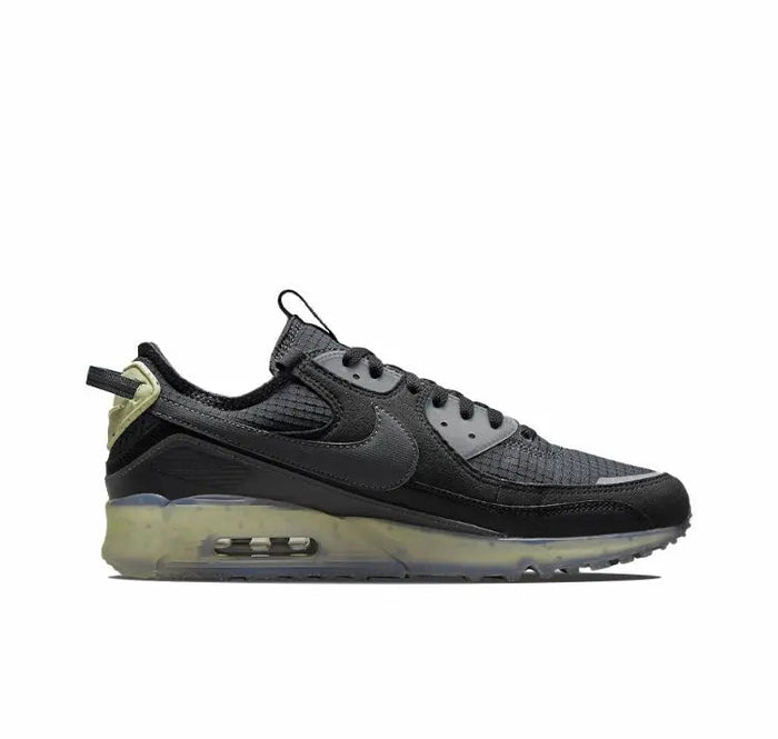 Nike Air Max 90 sneaker side view, black/dark grey with neon lime hits