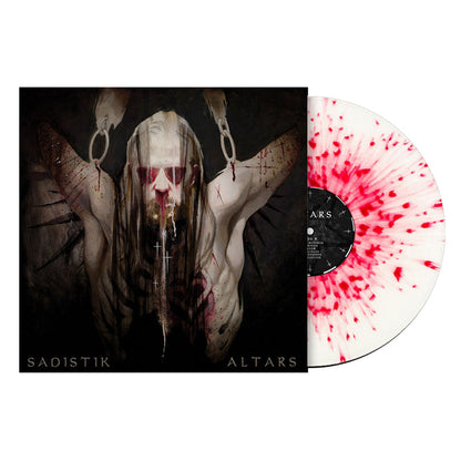 A limited edition Sadistik Altars vinyl with a striking white-red splatter design sits partly in its cover, which shows a pale, long-haired figure with blood-stained raised arms and SADISTIK ALTARS at the bottom. Brand: Sadistik.