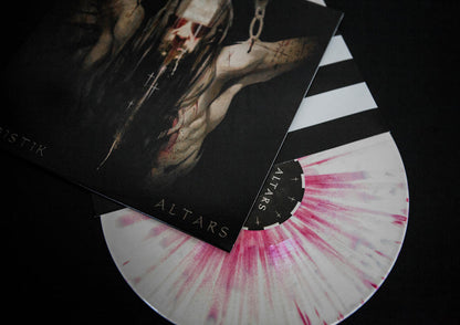 A limited Sadistik Altars vinyl with a white red splatter design emerges from a dark, gothic cover showing a chained, blood-splattered figure and the words ALTARS and ISTIR.