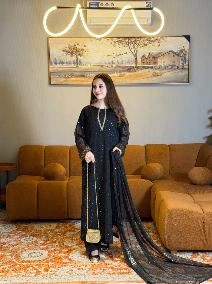Anarkali Black | 3PC Chiffon D-543