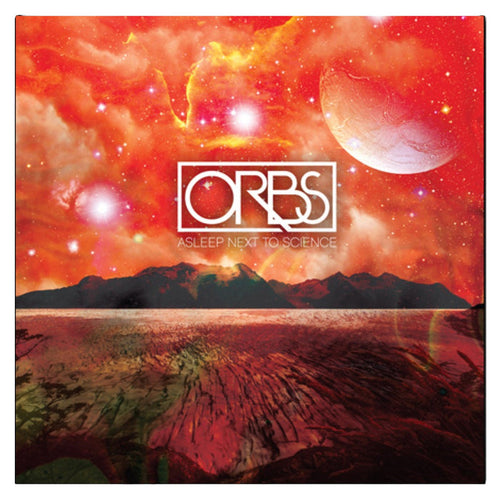 Orbs: Asleep Next to Science album cover shows a surreal red sky with stars, a large planet, glowing clouds over dark mountains and reflective water, with “The Northwestern Bearitories” plus the band and album name centered.