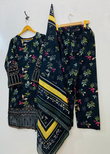 Black Floral Empress 3PC (Premium Cotton) D-146