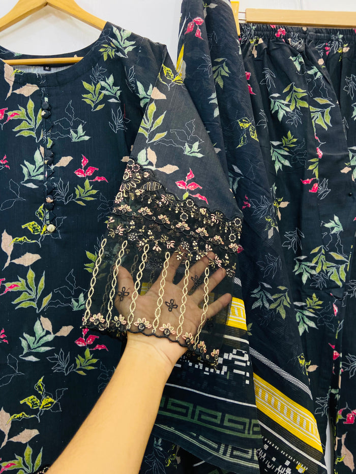 Black Floral Empress 3PC (Premium Cotton) D-146