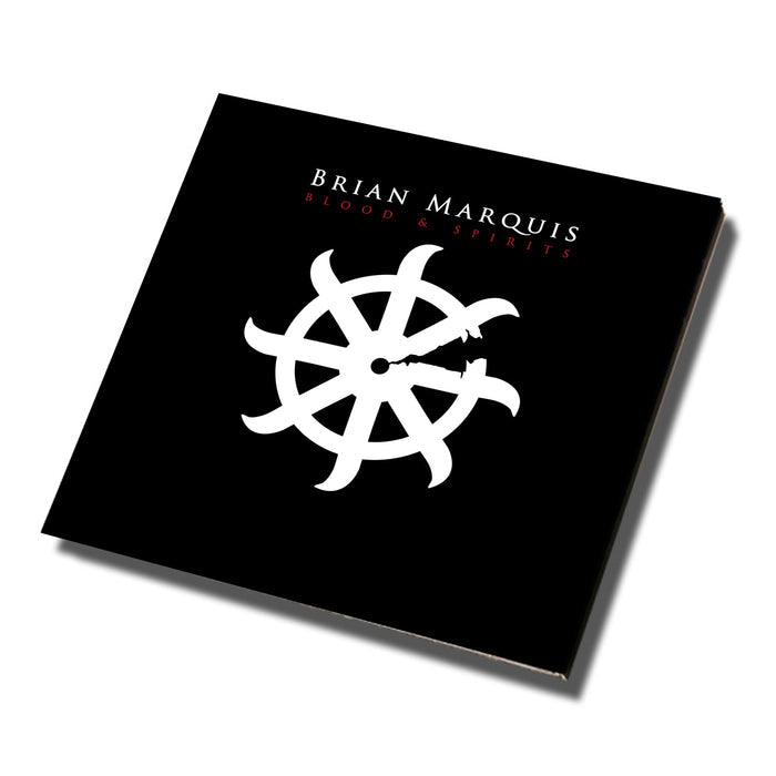 A square album cover for the Blood And Spirits CD by Brian Marquis, featuring a white ship wheel on black, with the artists name and album title in white and red at the top—ideal for any music collection. Brand: Brian Marquis.