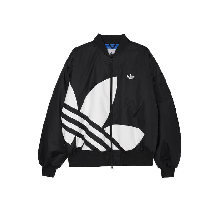 Black bomber jacket with full-front zip, large logo graphic, ribbed cuffs and hem