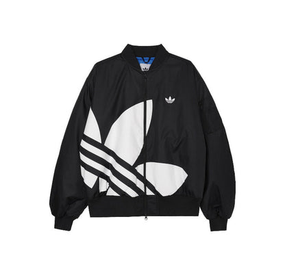 Black bomber jacket with full-front zip, large logo graphic, ribbed cuffs and hem