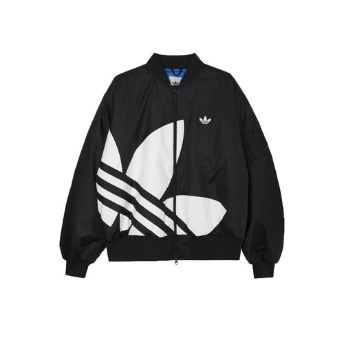 Black bomber jacket with full-front zip, large logo graphic, ribbed cuffs and hem