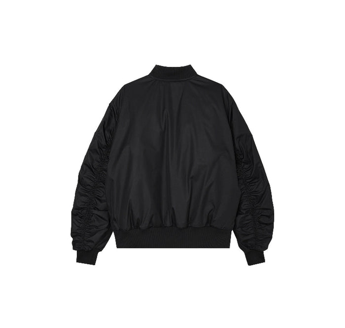 Black bomber jacket, back view with ribbed hem and cuffs, full-length sleeves