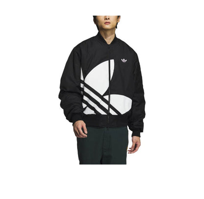 Black bomber jacket with front zip and bold logo print, ribbed collar cuffs hem
