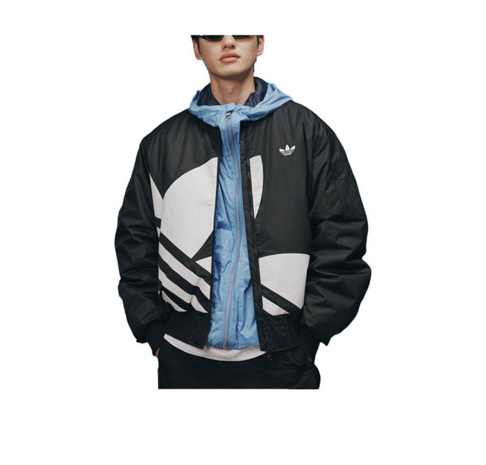 Black bomber jacket with front zip and large logo graphic, worn over light-blue hoodie